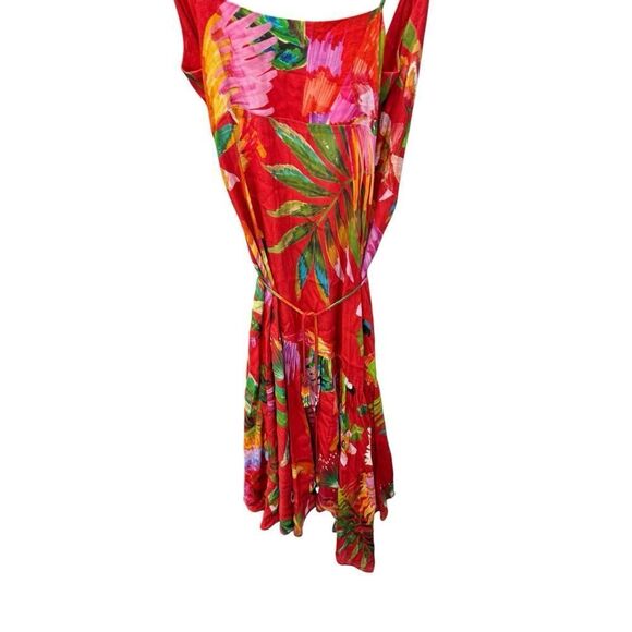 Farm Rio Red Tropical Parrot Wrap Dress XS Asymmetrical Midi Vacation Ready - Picture 8 of 13
